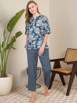July Nightwear - Cotton Navy Short Kurti With Pyjama For Women (Set of 2)