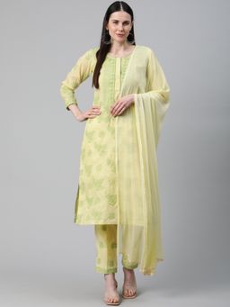 ADA - Hand Embroidered Lucknowi Chikankari Yellow Green Cotton Unstitched Dress Material [A211147]