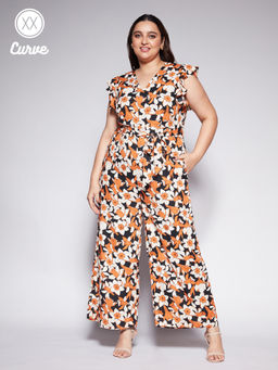 Twenty Dresses by Nykaa Fashion - Curve Black And Rust Floral V Neck Wide Leg Work Jumpsuit
