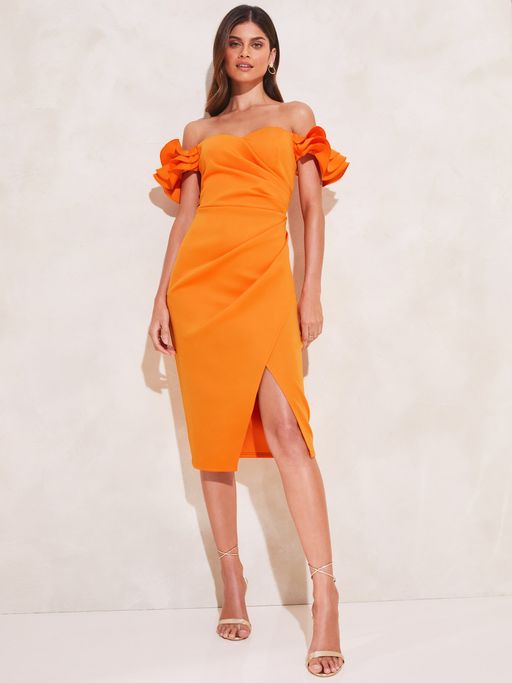 bardot orange dress Orange Coast Bardot Pleated Crepe Midi Dress