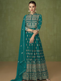 Odette - Teal Blue Faux Georgette Semi Stitched Dress Material (Set of 3)