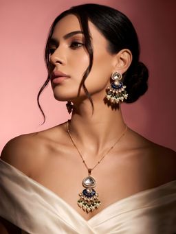 ADIVA - Gold-Plated Blue Polki Kundan Ad Stone Pearl Drop Jewellery Set