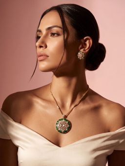 ADIVA - Gold-Plated Green Polki Kundan Ad Stone Studded Jewellery Set