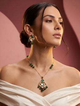 ADIVA - Gold-Plated Green Polki Kundan Ad Stone Drop Jewellery Set