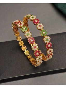 ZEVARLY - Multicolour Cz Stones and Precious Pearl Ad Floral Bangles