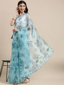 Vastranand - Blue Organza Party Wear Saree With Mirror Work Butta with Unstitched Blouse