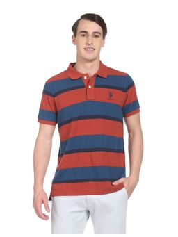 U.S. POLO ASSN. - Men Rust Ribbed Collar Horizontal Striped Polo T-Shirt