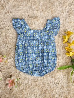 Stylo Bug - Girls Blue Flower Square Neck Short Sleeves Mid Thigh Onesies