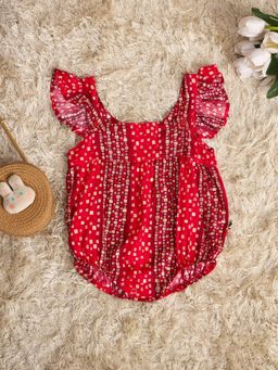 Stylo Bug - Girls Red Bandhani Square Neck Short Sleeves Mid Thigh Onesies