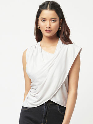 Attic Salt Off White Solid Asymmetrical Draped Top