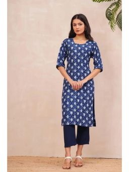 Gahan - Womens Navy Blue Printed Straight Kurta with Pant
