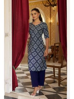 Gahan - Womens Navy Blue Printed Straight Kurta with Pant