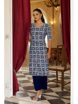 Gahan - Womens Navy Blue Printed Straight Kurta with Pant
