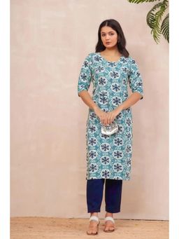 Gahan - Womens Blue Printed Straight Kurta with Pant