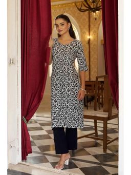 Gahan - Womens Navy Blue Printed Straight Kurta with Pant