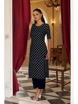 Gahan - Womens Navy Blue Printed Straight Kurta with Pant