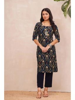 Gahan - Womens Navy Blue Floral Printed Straight Kurta with Pant