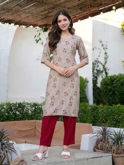 Gahan - Womens Beige Floral Printed Straight Kurta with Pant
