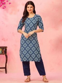 Gahan - Womens Blue Printed Straight Kurta with Pant