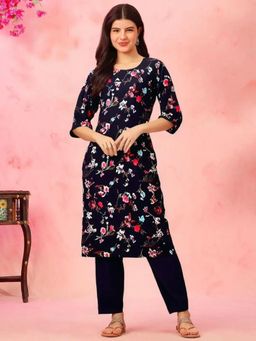 Gahan - Womens Navy Blue Floral Printed Straight Kurta with Pant