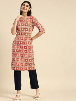 Gahan - Womens Orange Printed Straight Kurta with Pant