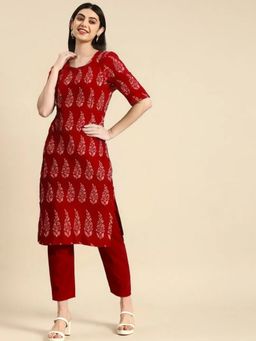 Gahan - Womens Red Floral Printed Straight Kurta with Pant