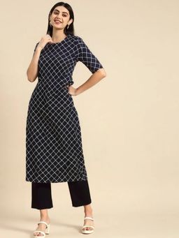 Gahan - Womens Navy Blue Checks Printed Straight Kurta with Pant