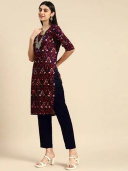 Gahan - Womens Navy Blue Printed Straight Kurta with Pant