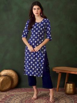 Gahan - Womens Blue Printed Straight Kurta with Pant