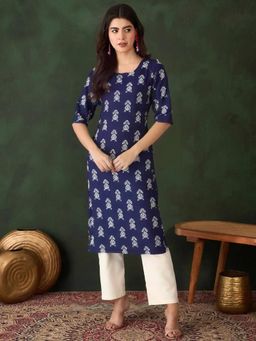 Gahan - Womens Blue Printed Straight Kurta with Pant