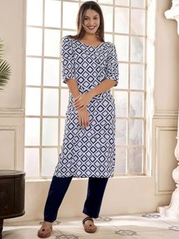 Gahan - Womens Blue Printed Straight Kurta with Pant
