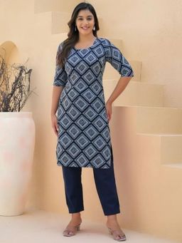 Gahan - Womens Blue Printed Straight Kurta with Pant