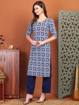 Gahan - Womens Blue Printed Straight Kurta with Pant