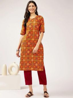 Gahan - Womens Orange Printed Straight Kurta with Pant