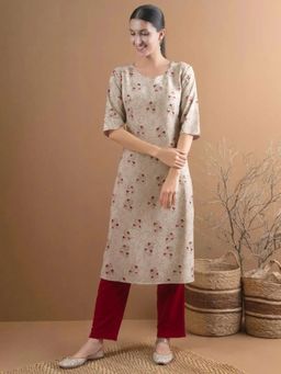 Gahan - Womens Beige Floral Printed Straight Kurta with Pant