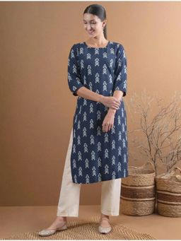 Gahan - Womens Navy Blue Printed Straight Kurta with Pant