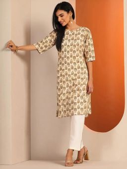 Gahan - Womens Beige Printed Straight Kurta with Pant