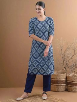 Gahan - Womens Blue Printed Straight Kurta with Pant