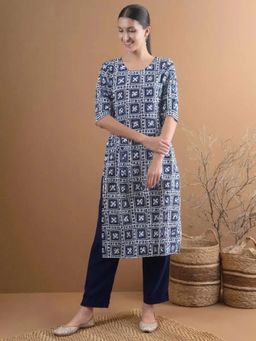 Gahan - Womens Blue Printed Straight Kurta with Pant