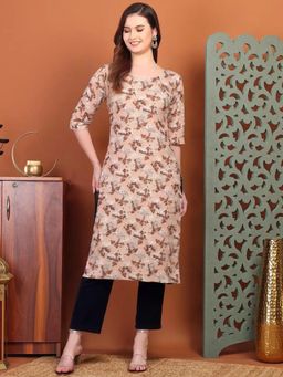Gahan - Womens Beige Floral Printed Straight Kurta with Pant