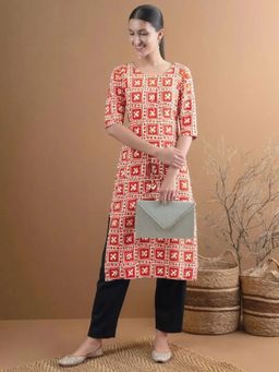 Gahan - Womens Orange Printed Straight Kurta with Pant