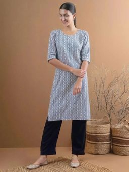 Gahan - Womens Silver Printed Straight Kurta with Pant