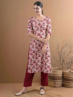 Gahan - Womens Pink Floral Printed Straight Kurta with Pant