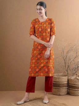 Gahan - Womens Orange Printed Straight Kurta with Pant