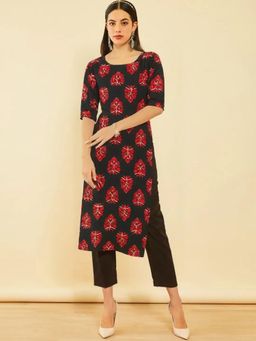 Gahan - Womens Navy Blue Printed Straight Kurta with Pant