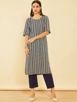 Gahan - Womens Navy Blue Printed Straight Kurta with Pant