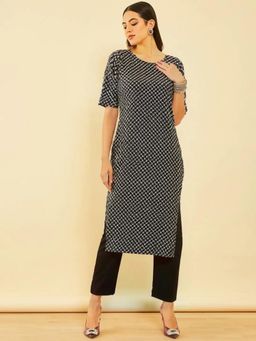 Gahan - Womens Navy Blue Printed Straight Kurta with Pant