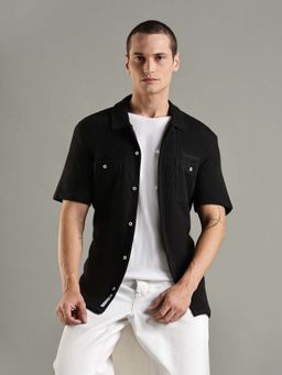 Tommy Hilfiger - Black Textured Regular Fit Cotton Shirt