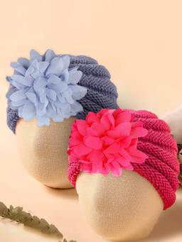 Baby Moo - Floral Petals Turban Caps - Pink & Grey (Pack of 2) (0-6 Months)