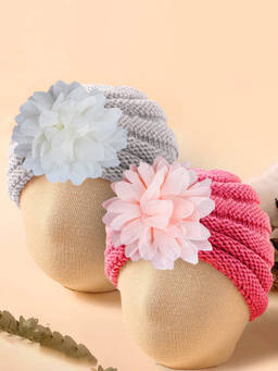 Baby Moo - Floral Petals Turban Caps - Pink & White (Pack of 2) (0-6 Months)